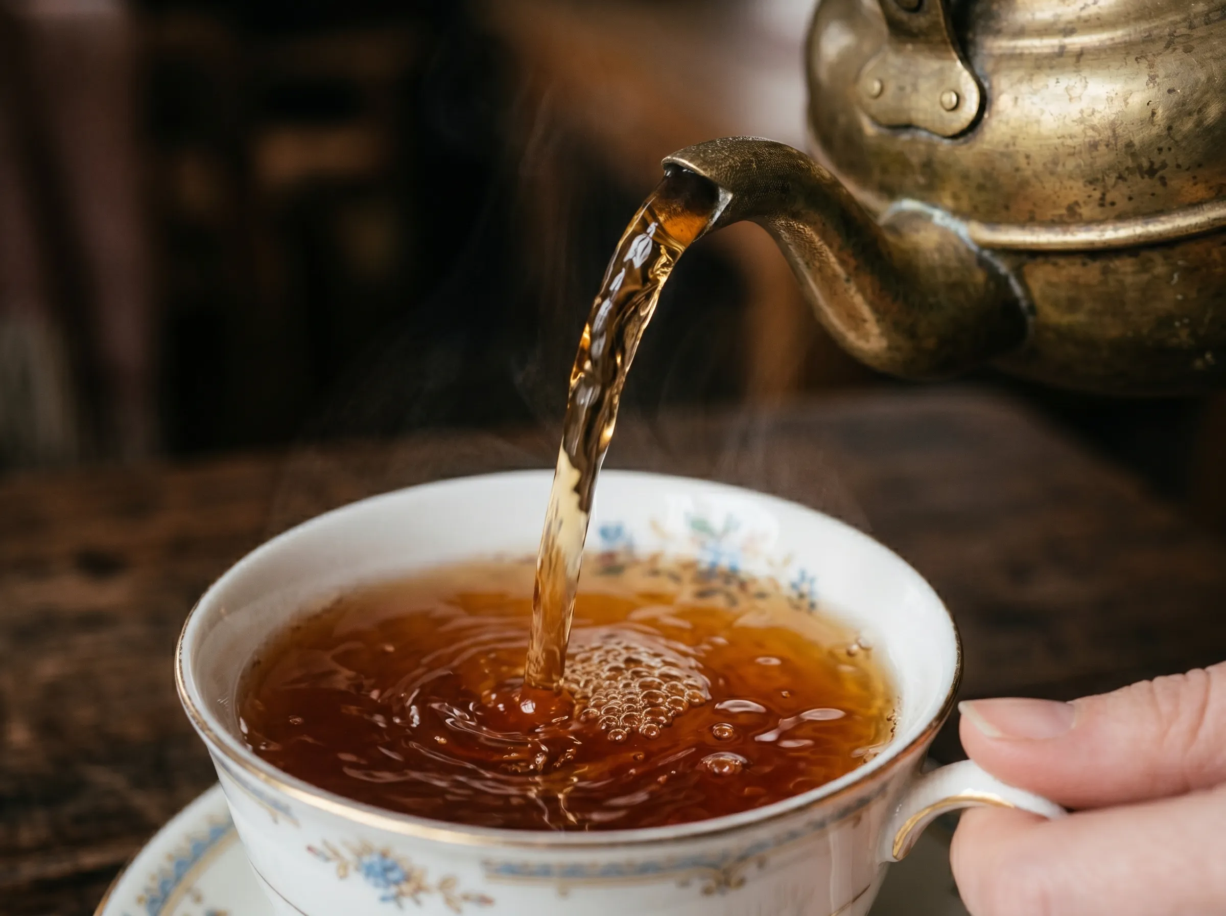 A pour of golden tea into a fine bone-china cup