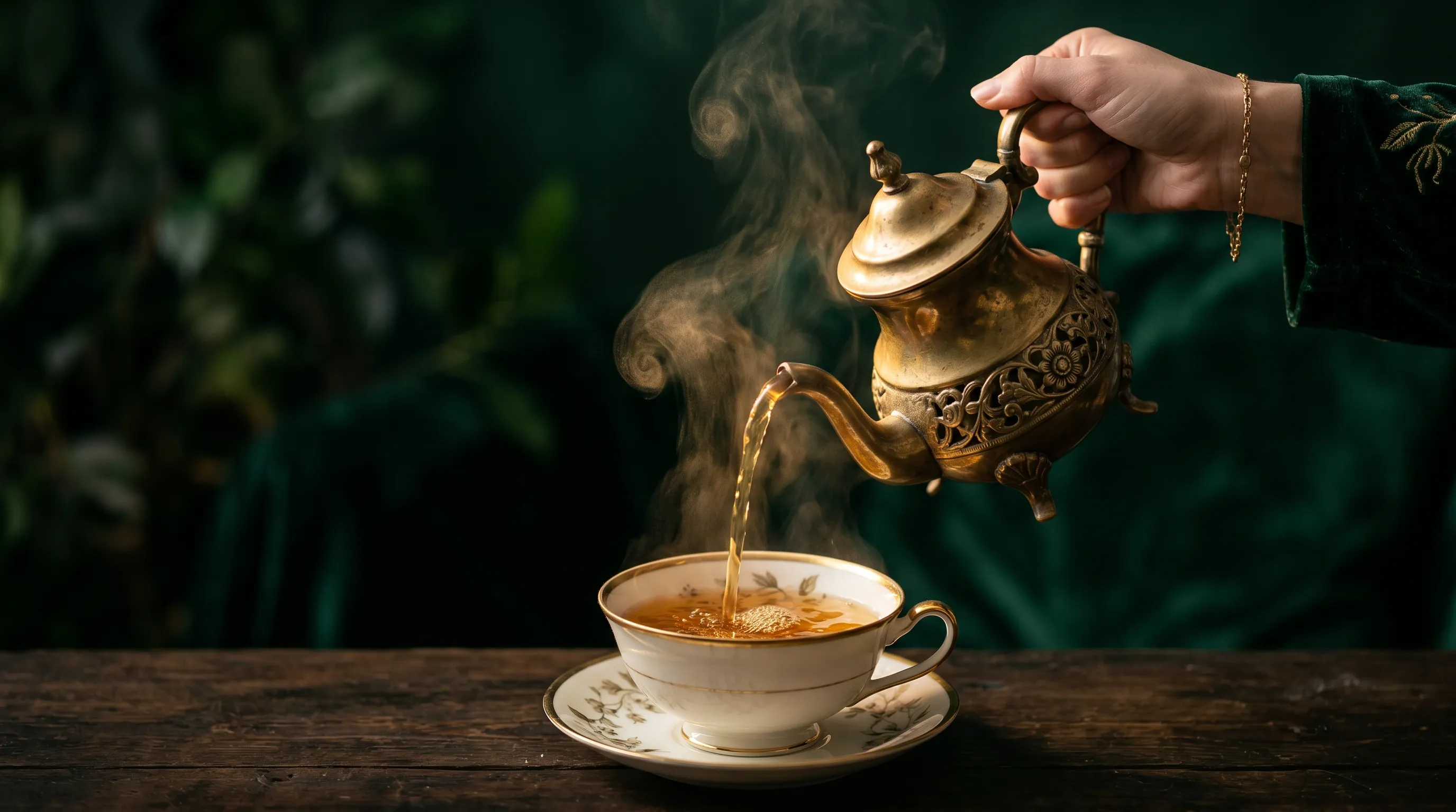 A pour of golden tea into a fine bone-china cup