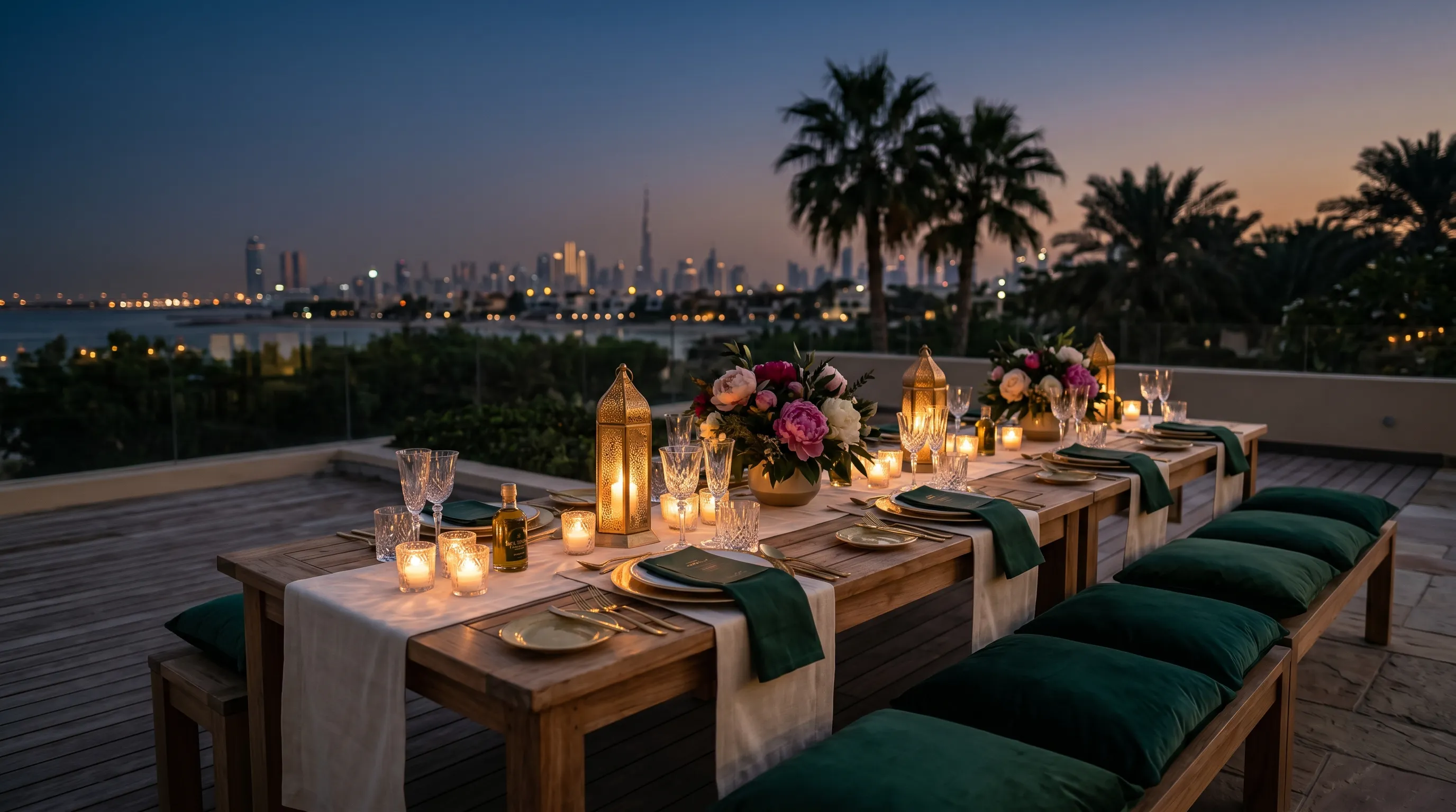 A private rooftop terrace event at twilight