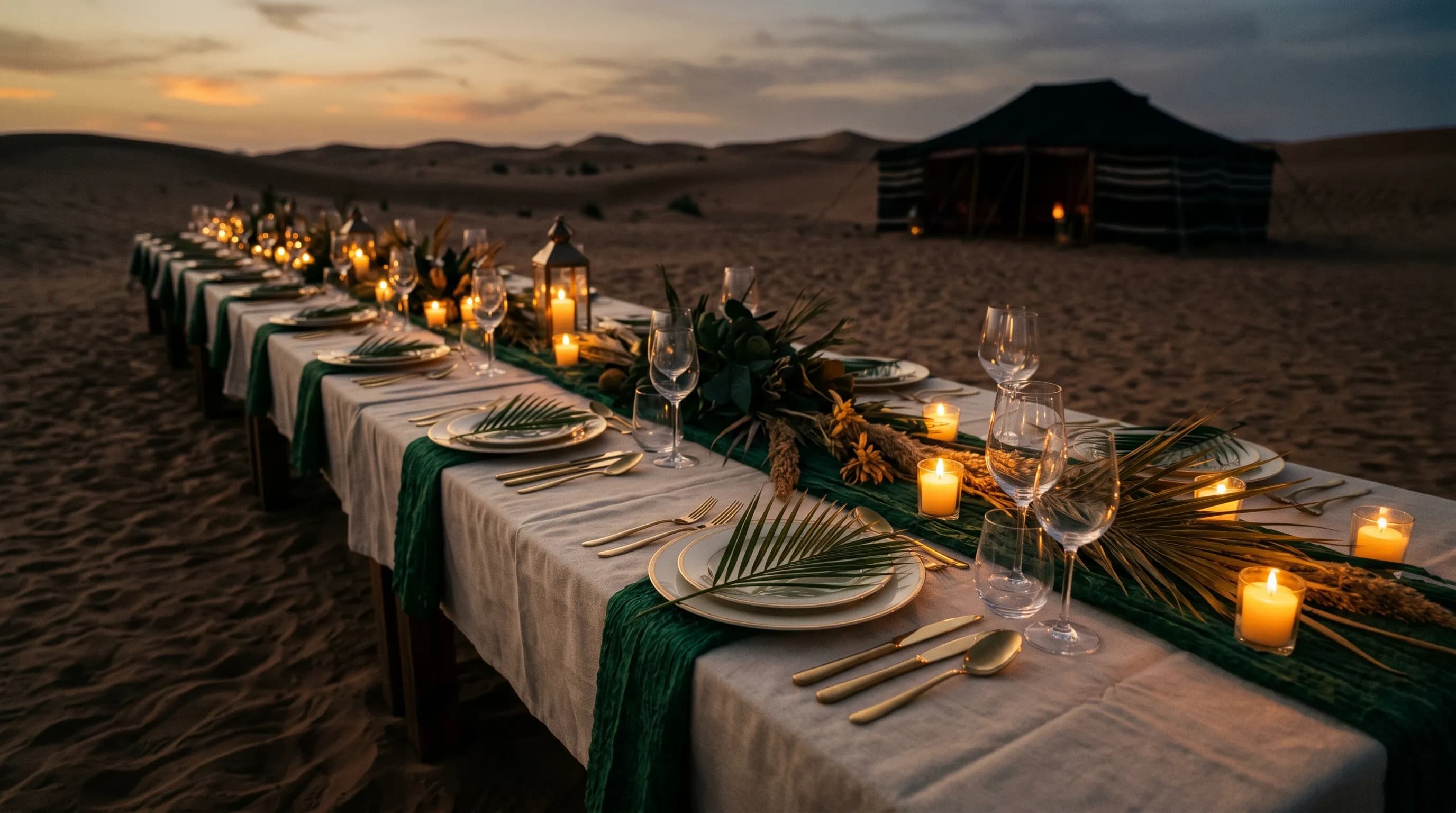 A long banquet table set for a wedding evening