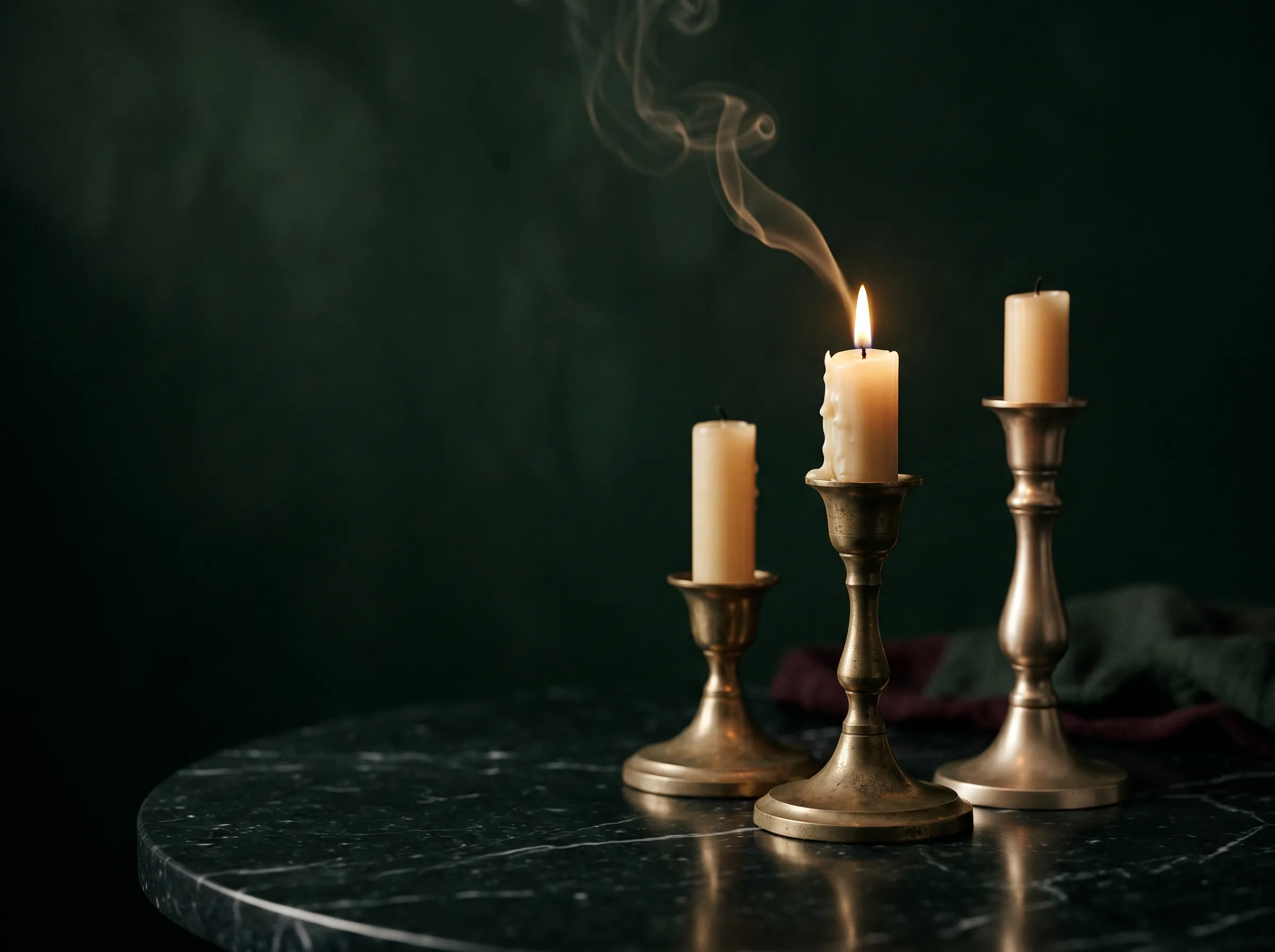 Three brass candle holders with cream candles on dark marble